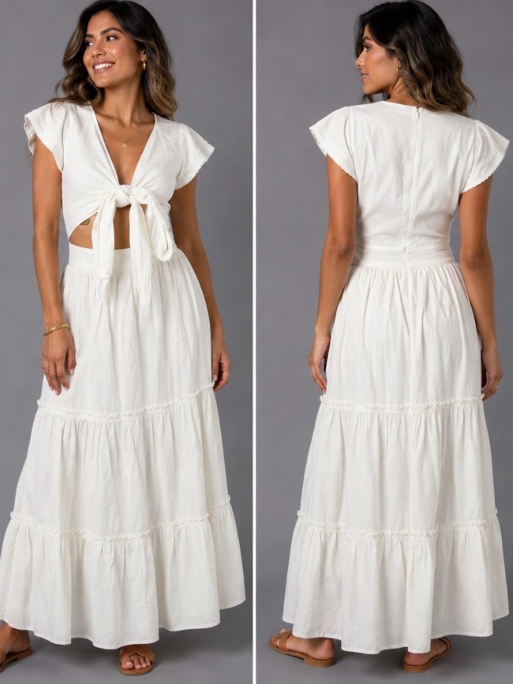 Happy Nature Women’s White Tie Front Cut Out Maxi Dress Size 8 NWT